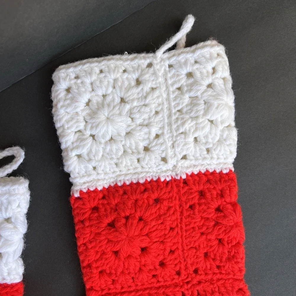 VTG Crochet Christmas Stockings Pair Red White Granny Squares Handmade 21